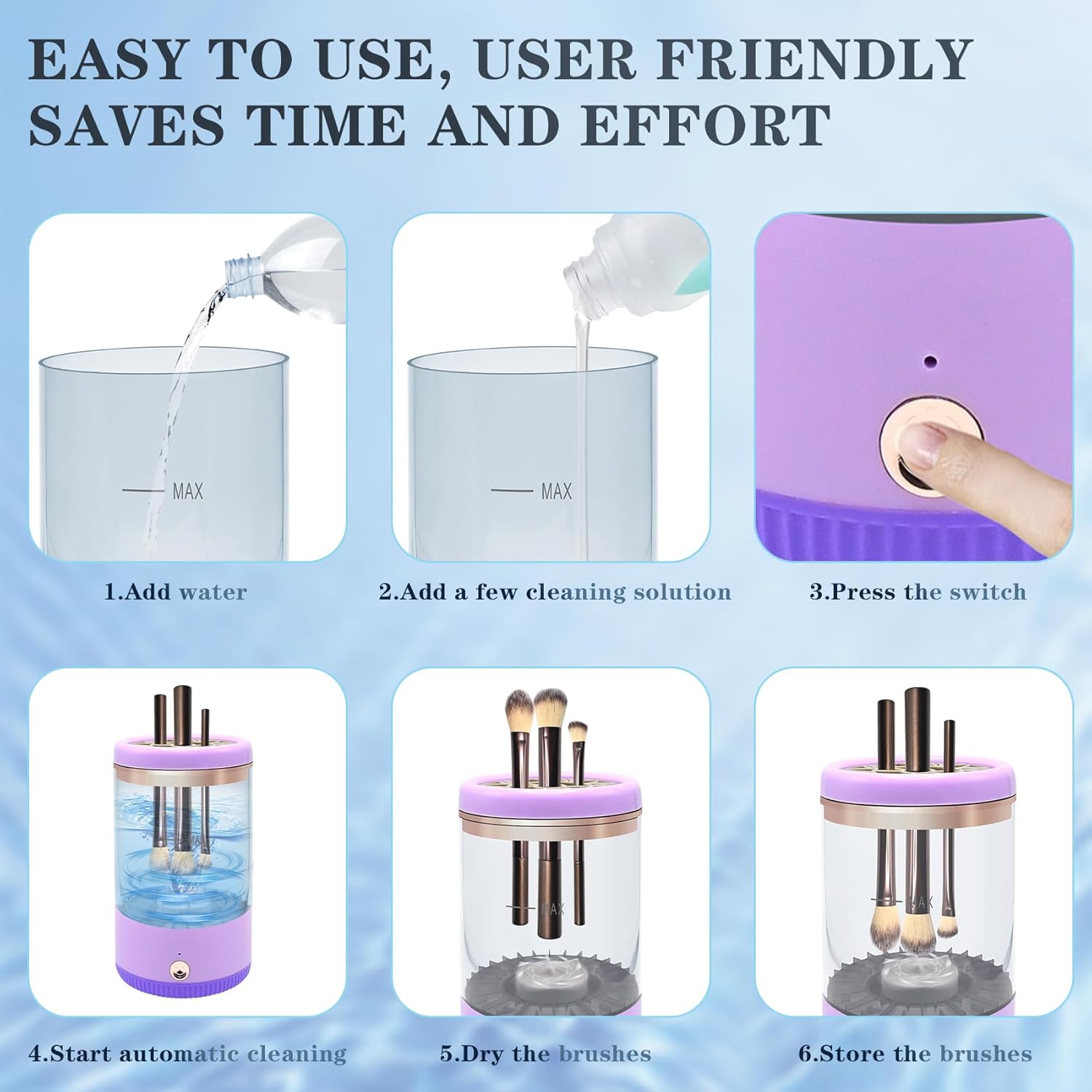 Makeup Brush Cleaner,Low noise and 8000 RPM Electric Makeup Brush Cleaner Machine for Deep Cleaning,Automatic Spinning Cosmetic Brush Cleaner for All Size Makeup Brushes and Sponges(purple)-Velvo Beauty
