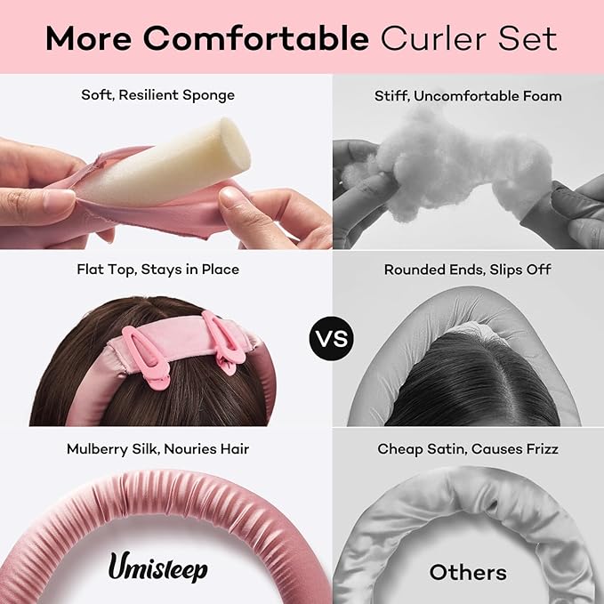 Umisleep 22 Momme 100% Mulberry Silk Heatless Hair Curler Set — Frizz-Free Hair Rollers for Women Long Hair, Overnight Heatless Curls, Upgraded Soft Flat Design with Clips & Scrunchies, Pink-Velvo Beauty