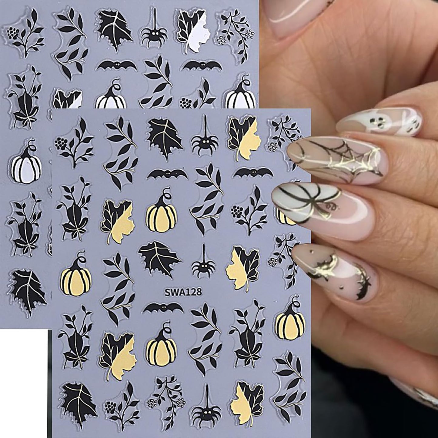 6 Sheets Halloween Nail Art Stickers 3D Self -Adhesive Pumpkin and Leaves Nail Decals Holographic Spider Bat Nail Stickers Halloween Nail Decoration for Women Manicure Supplies-Velvo Beauty
