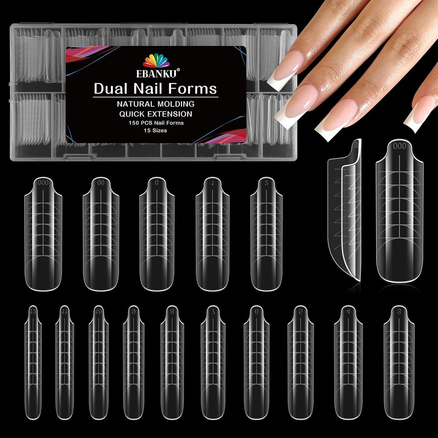 EBANKU Dual Nail Forms for Poly Extension Gel, 150 PCS Clear Square Nail Molds Reusable 15 Sizes Nail Extension Forms for Builder Gel Manicure Design Salon DIY-Velvo Beauty