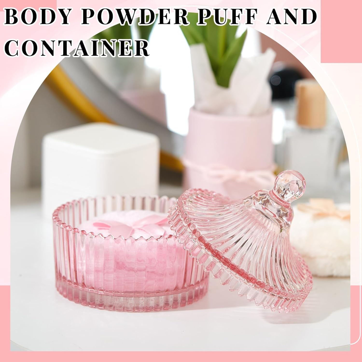 Tioncy 3 Pcs Large Body Powder Puff and Container Crystal Container Soft Washable Reusable Velour Face Body Glitter Powder Puff Wet Dry Makeup Simple Style (Pink)-Velvo Beauty