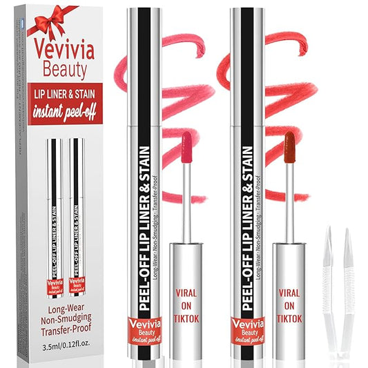 2pcs Lip Stain Peel Off - Lip Liner Stain Long Lasting Waterproof,2-in-1 Lip Liner with Tweezer Nude Matte,Non-Stick Cup,Highly Pigmented，Natural Finish,Stay On All Day,Perfect for Gift (Nude+Cocoa)-Velvo Beauty