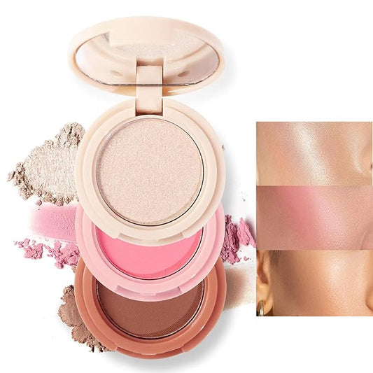 3-in-1 Blendable Trio, Contour and Highlight Blush Makeup Palette, Cream Bronzer, Silky Smooth Powder Blush, Shimmer Highlighter Makeup Powder, Pink Brown Eyeshadow Palette with Mirror(01)-Velvo Beauty