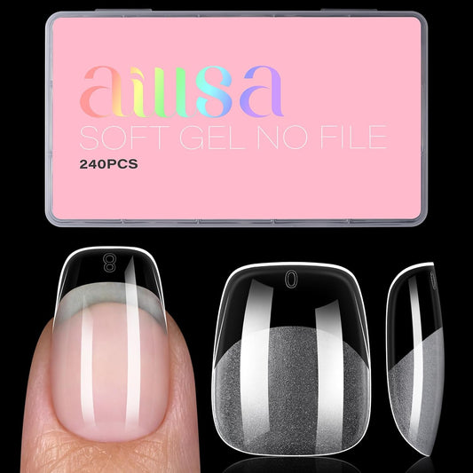 AILLSA Short Square Round Fake Nail Tips 240Pcs Soft Nail Gel Tips Pre-Shaped Acrylic Nail Tips, Half Matte Full Cover Press on False Tips for Nail Extension Home DIY 15 Sizes Gelly Tips-Velvo Beauty