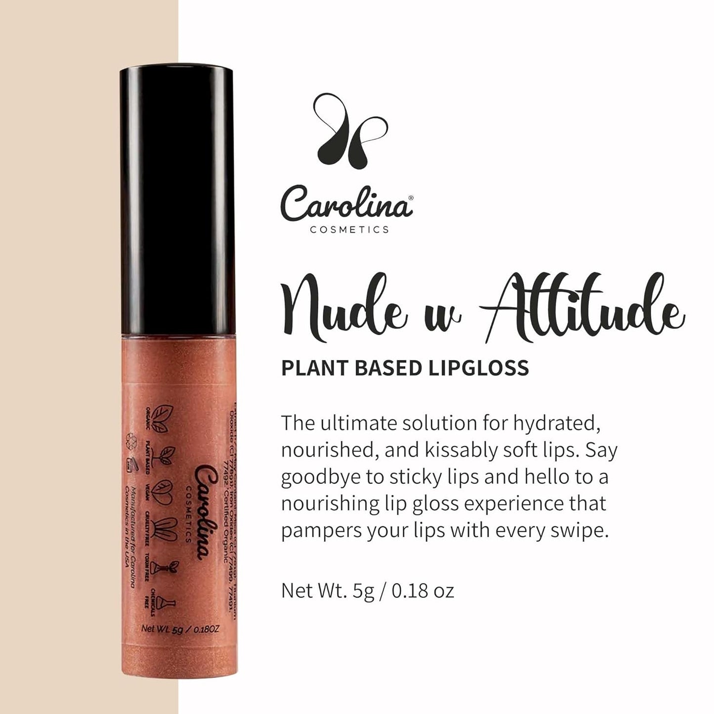 Plant-Based Non-Sticky Lip Gloss (Nude with Attitude) - Hydrating & Nourishing - Sunflower Seed Oil, Cacao & Grape Seed Oil - Gluten-Free, Vegan, Non-GMO, Paraben-Free - 5g/0.18oz-Velvo Beauty