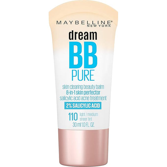 Maybelline Dream Pure Skin Clearing BB Cream, 8-in-1 Skin Perfecting Beauty Balm With 2% Salicylic Acid, Sheer Tint Coverage, Oil-Free, Light/Medium, 1 Count-Velvo Beauty