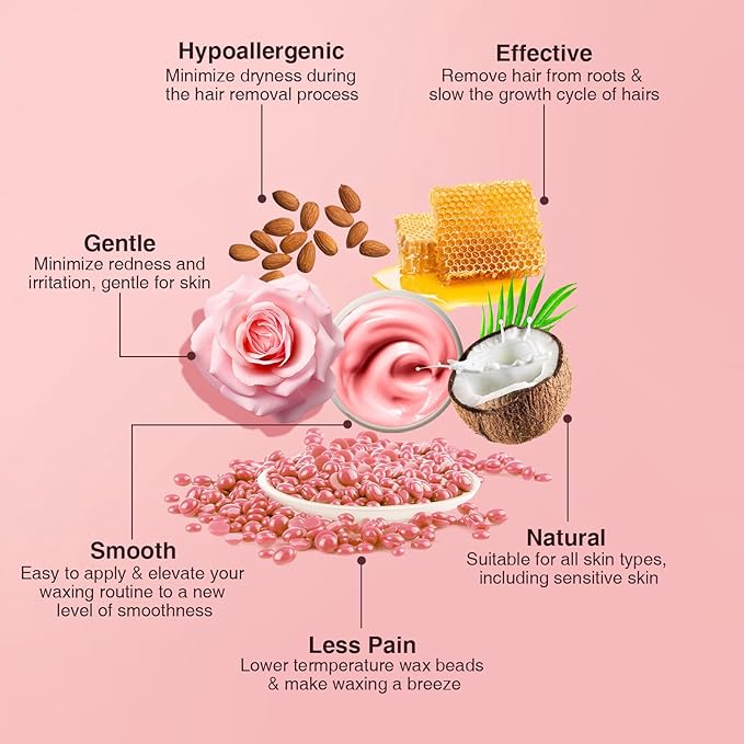 Hard Wax for Hair Removal, Rose Pink Wax Beads for Sensitive Skin and Brazilian Waxing, 10.5 Ounce/bag with 10pcs Wax Sticks-Velvo Beauty