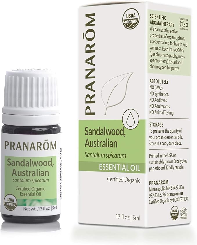 Pranarom USDA Certified Organic Australian Sandalwood Essential Oil (5ml), 100% Pure Natural Therapeutic Grade for Home Diffusing, Aromatherapy, Skincare, Candle Making, DIY Perfumes-Velvo Beauty