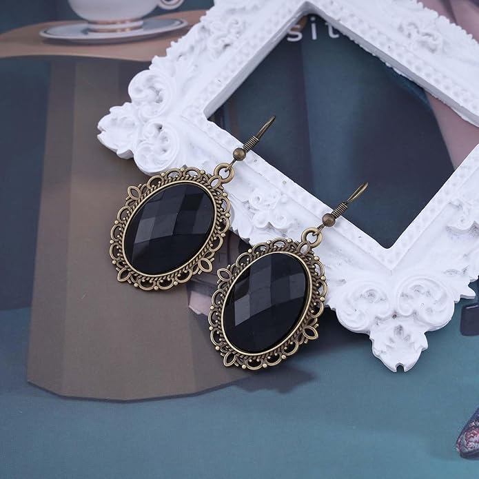 Vintage Black Crystal Drop Earrings Oval Onyx Dangle Earrings Large Onyx Stud Earrings Black Gem Hook Earrings Jewelry for Women and Girls-Velvo Beauty