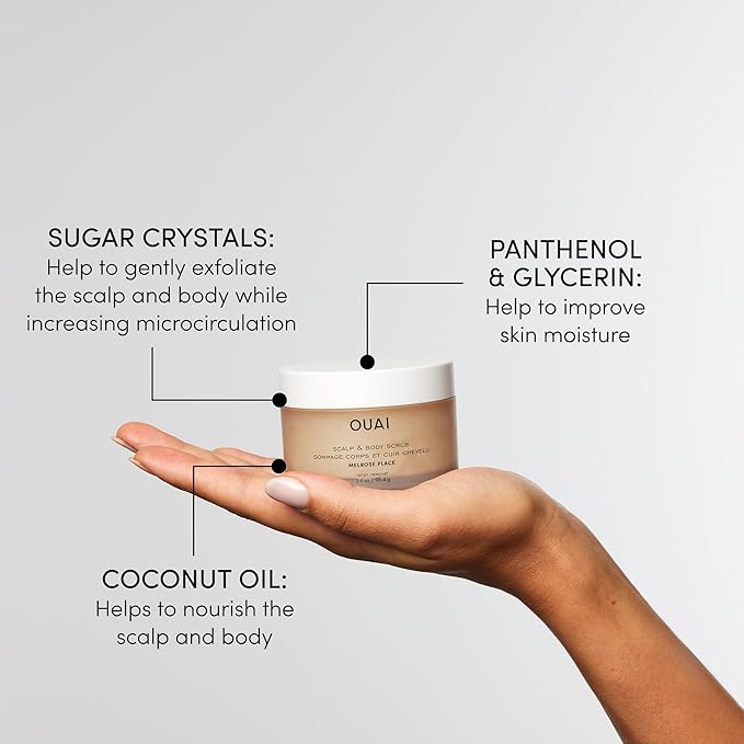 OUAI Scalp & Body Scrub Travel Size, Melrose Place - Exfoliating Body Scrub with Sugar & Coconut Oil Blend for Smooth, Moisturized Skin - Gentle for Removing Product Build Up (3.4 Oz)-Velvo Beauty