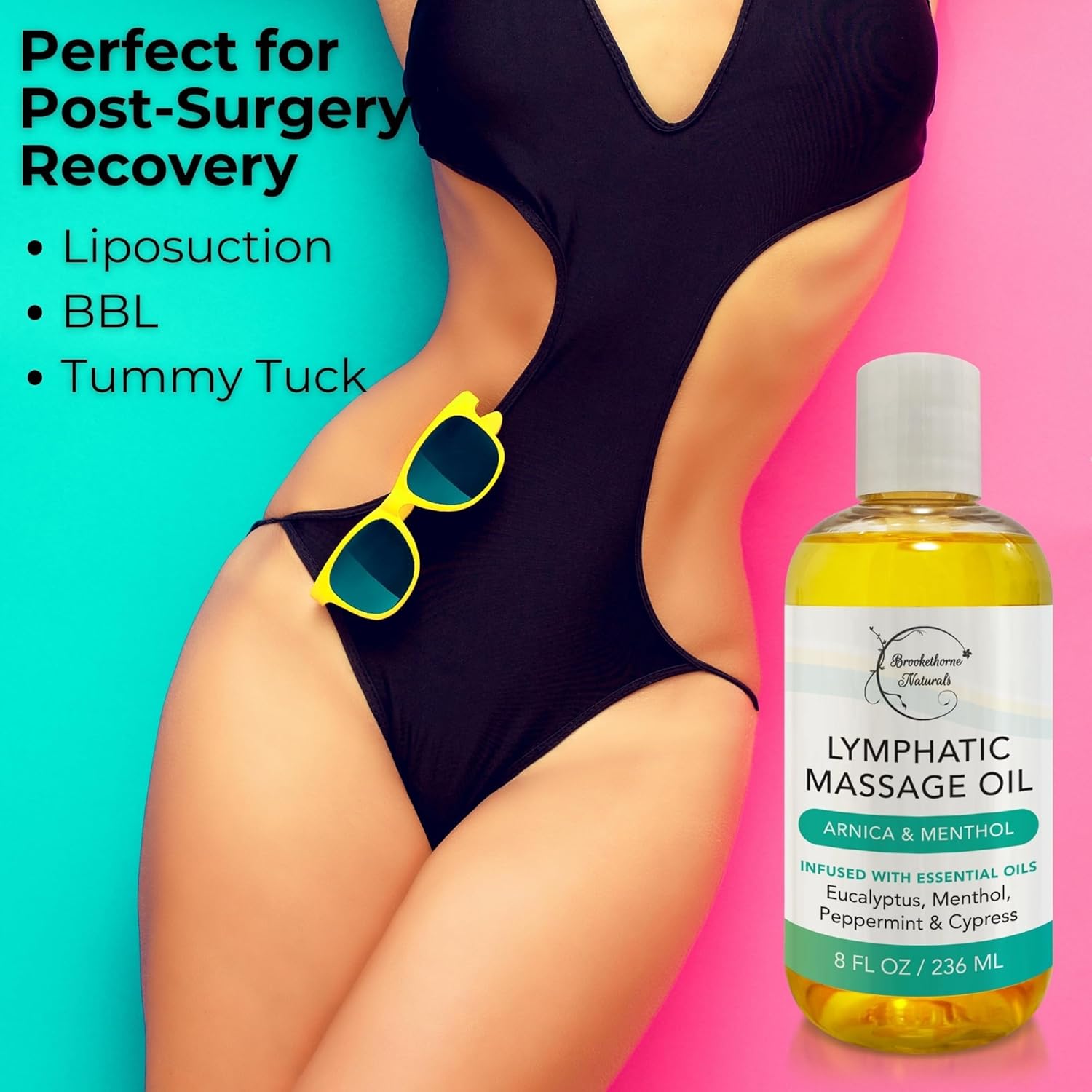 Lymphatic Drainage Massage Oil for Massage Therapy | Premium Quality, 100% Natural with Arnica Eucalyptus & Menthol | for Post Surgery Recovery & Detox | 8oz by Brookethorne Naturals-Velvo Beauty