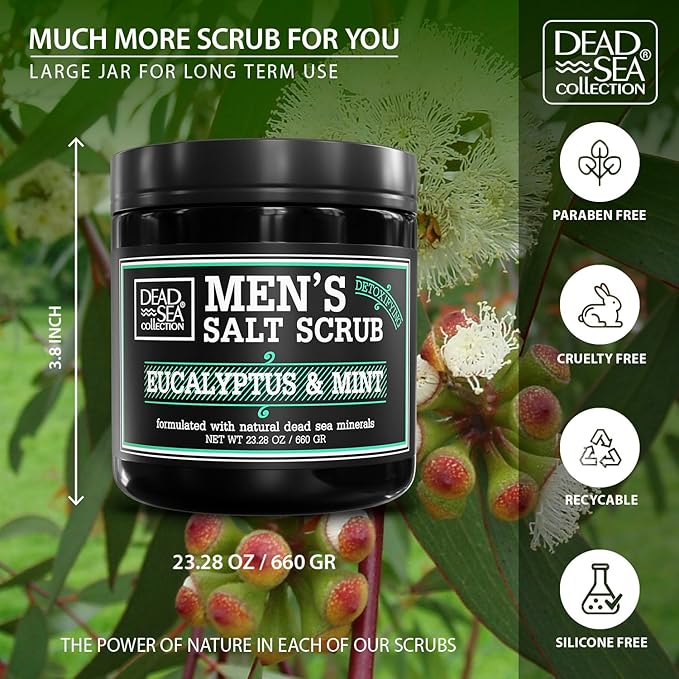 Salt Body Scrub Eucalyptus & Mint For Men– Moisturizes, Exfoliates & Nourishes Skin – Cleanses & Detoxifies with Dead Sea Minerals – Dead Sea Collection - 23.28 OZ-Velvo Beauty