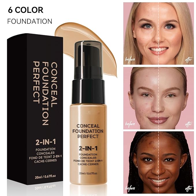 6 Colors Liquid Foundation Long-Lasting,Poreless Liquid Oil Concealer Foundation For All Skin Type,Waterproof & Sweat-Proof,Easy To Push Away,Flawless Finish Foundation,Balanced Skin Color-Velvo Beauty