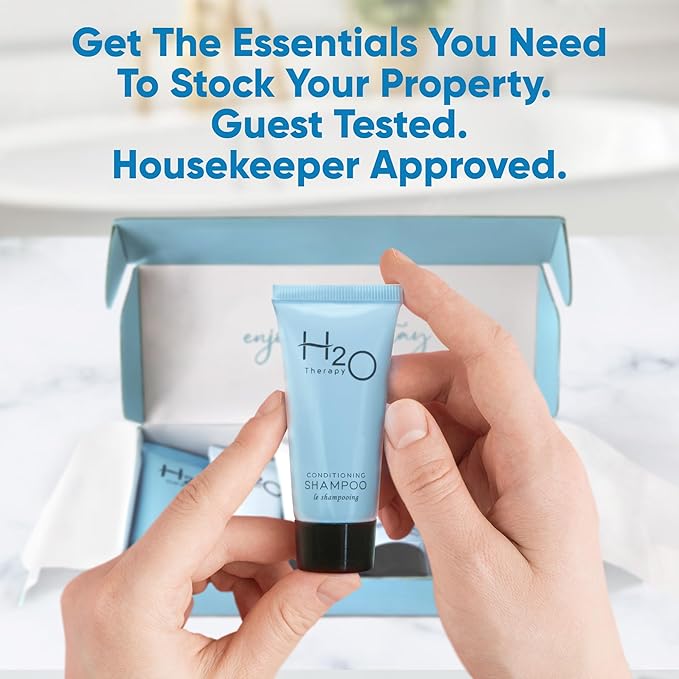 H2O Therapy Amenity & Accessory Kit | 0.85 oz Travel Size Shampoo, Conditioner, Lotion, Body Wash, Massage Bar, Cleansing Bar, Shave & Dental Sets, Make-Up Remover Wipes, & Vanity Kit | 15 sets/case-Velvo Beauty