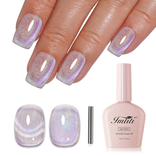 Imtiti Cat Eye Gel Nail Polish, Rainbow Holographic Magnetic Nail Gel Polish With Magnet Glittery Iridescent Galaxy Spring Summer Kit Soak Off UV Led 10ML-Velvo Beauty