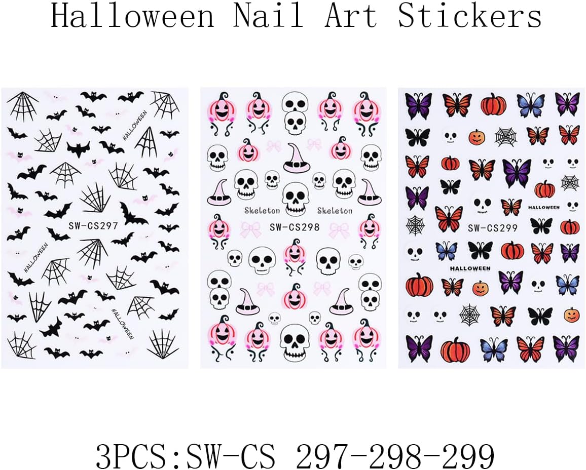Halloween Nail Art Stickers Ghost Nail Decals 3D Horror Ghost Skull Spider Web Bat Pumpkin Butterfly Self-Adhesive Decals Designs Halloween Nail Supplies for Women Manicure Decorations 3 Sheets-Velvo Beauty