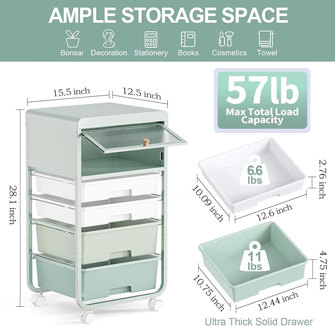 Utility-Rolling-Storage-Drawer-Craft-Cart-Organizers with 4 Drawers & Dust-proof Door for Kid Craft Art Room,Bedroom,Home Office, 4 Tiers Drawer cart, Green-Velvo Beauty