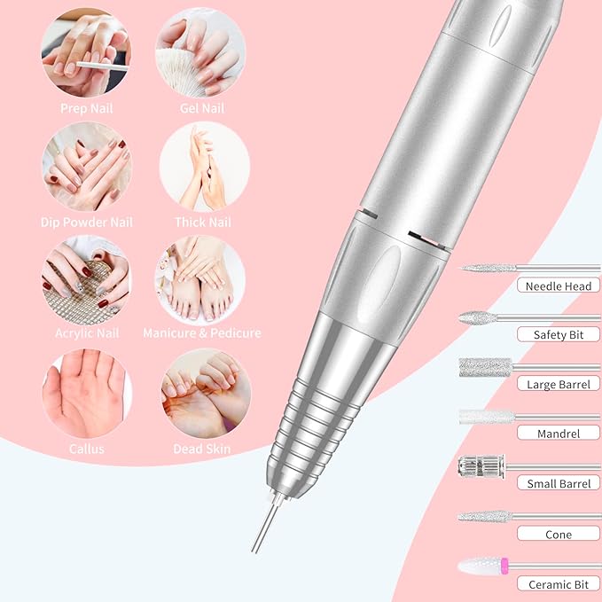 Portable Nail Drill Professional 35000 RPM, MOCOWIND Rechargeable Electric Nail File Machine E File for Acrylic Gel Polishing Removing, Cordless E-File with Bits Kit for Manicure Salon Home,Pink-Velvo Beauty
