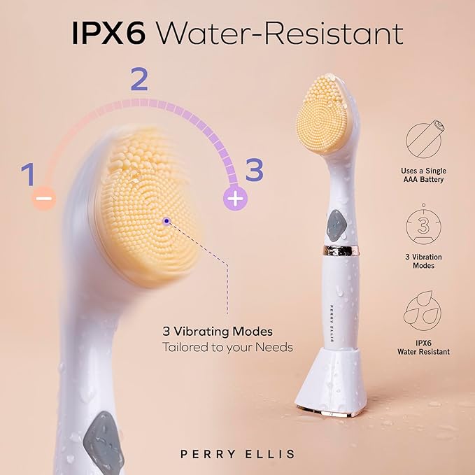 Perry Ellis 3-in-1 Beauty Brush with Silicone Face Cleanser, Makeup Applicator, and Metallic Eye-Massaging Plate, IPX6 Water-Resistant Electric Skincare Accessory with 3 Vibrating Modes and Stand-Velvo Beauty