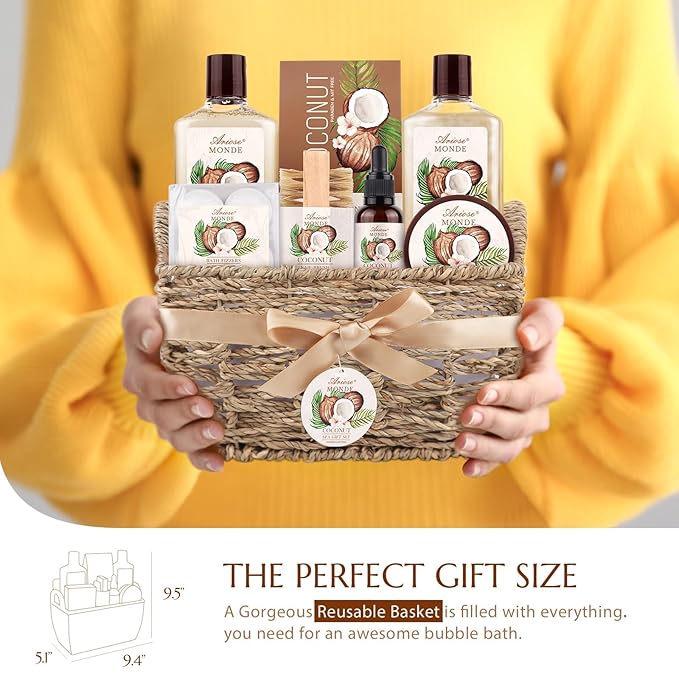 Bath & Shower Spa Basket Gift Set, Coconut Scent, with Shower Gel, Bubble Bath,Body Lotion, Bath Bomb,Bath Salt, Bath and Body Gift Box for Women-Velvo Beauty