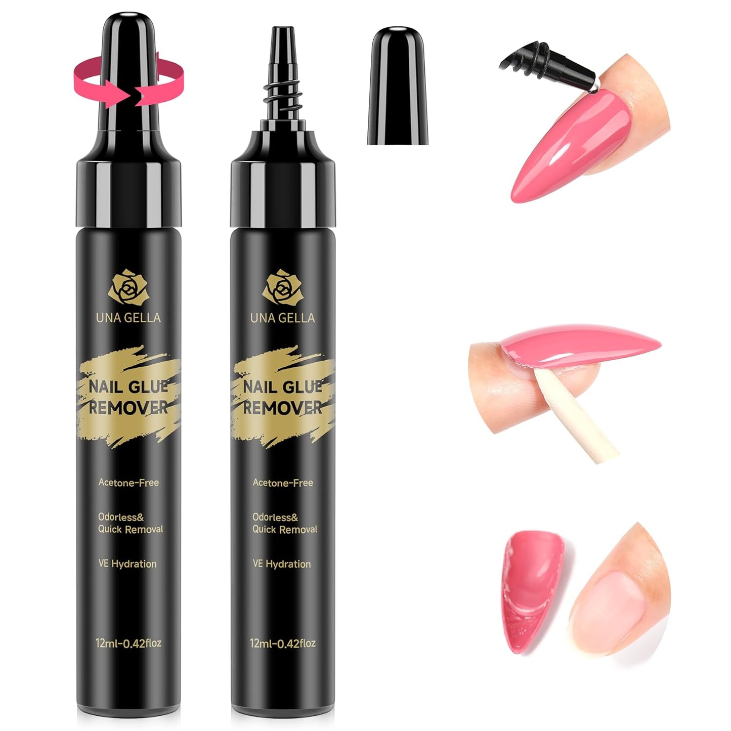 UNA GELLA Quick Removal Gel Nail Glue Remover for Press On Nails: Acrylic Nails Semi Solid Nail Glue Acetone-Free, Not for Gel Polish Base Coat Soak Off Remover Kit Drip Use, 12ml*2pcs-Velvo Beauty