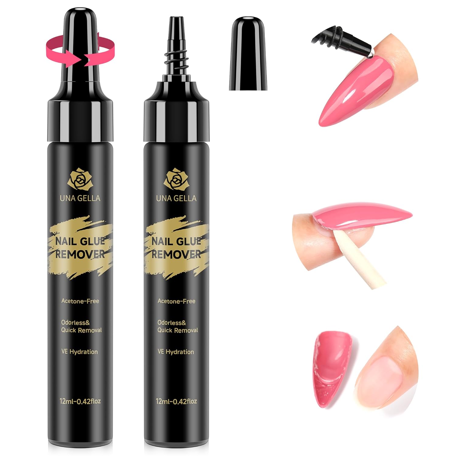 UNA GELLA Quick Removal Gel Nail Glue Remover for Press On Nails: Acrylic Nails Semi Solid Nail Glue Acetone-Free, Not for Gel Polish Base Coat Soak Off Remover Kit Drip Use, 12ml*2pcs-Velvo Beauty