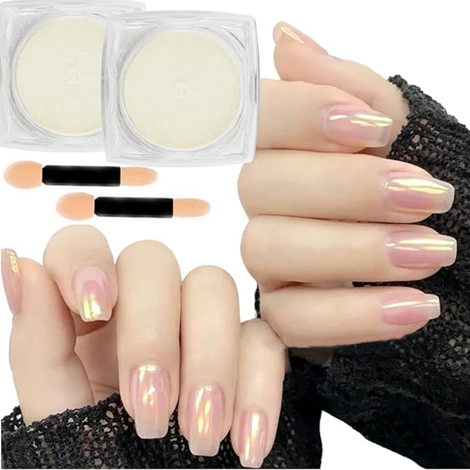2 Pcs Aurora Chrome Powder for Nails White Iridescent Nail Powder,Mermaid Chrome Nail Pearl Powder Chameleon Chrome Nail Powder Manicure Pigment(2 Pcs Aurora)-Velvo Beauty