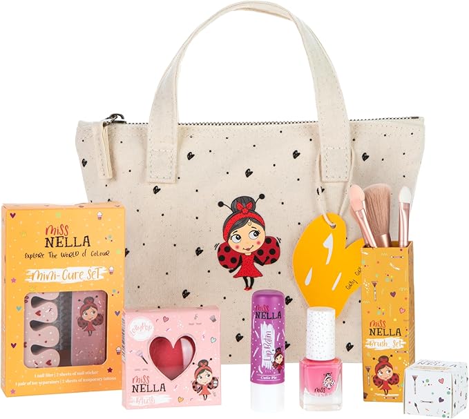 MISS NELLA Kids Makeup & Nail Polish Set for Little Girly Girls, Safe and Fun Gift - Hypoallergenic, Dermatologically Tested Kid-Friendly, Non-Toxic, Cosmetic Bag Included – Special Edition-Velvo Beauty