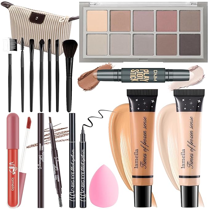 Makeup Kit For Girls Teens Women, Makeup Set, Makeup Present,Includes Eyeshadow Palette, Foundation, Eyebrow Pencil, Eyeliner, Lip Gloss, Counter Stick, Makeup Brush Set Bag & Sponge-Velvo Beauty