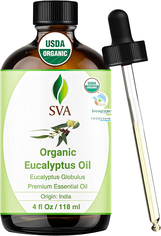 SVA Eucalyptus Essential Oil Organic – 4 Fl Oz – 100% Natural Organic Eucalyptus Oil - for Diffuser, Hair, Face, Skin Care, Aromatherapy, Scalp and Body Massage, Soap and Candle Making - with Dropper-Velvo Beauty