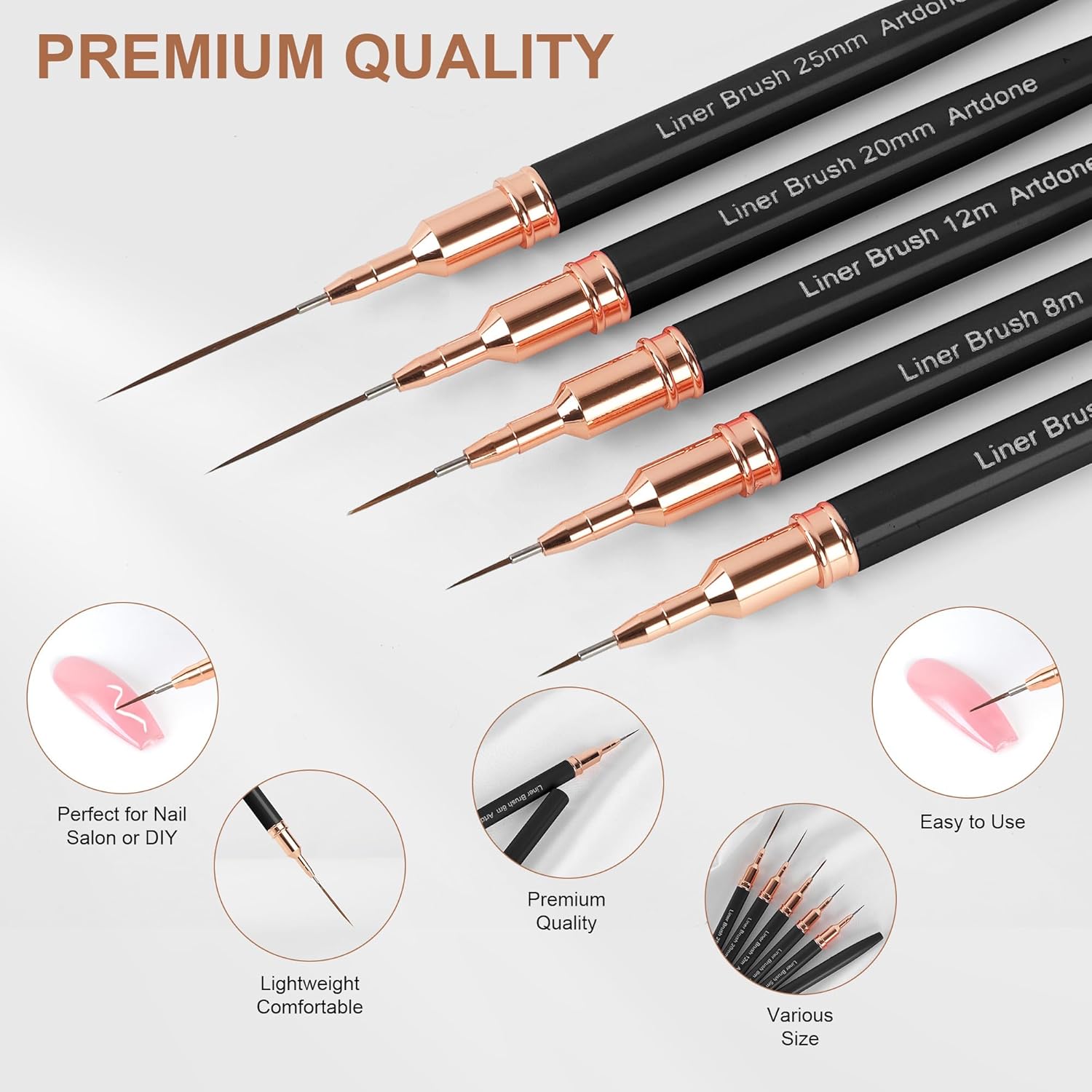 Artdone Metallic Nail Art Pens, Liner Brushes Set, 5PCS Black Color Nail Tools For Long Lines, Thin Details, Fine Drawing, Liner Brush UV Gel Polish Painting Nail Design Sizes 5/8/12/20/25mm-Velvo Beauty