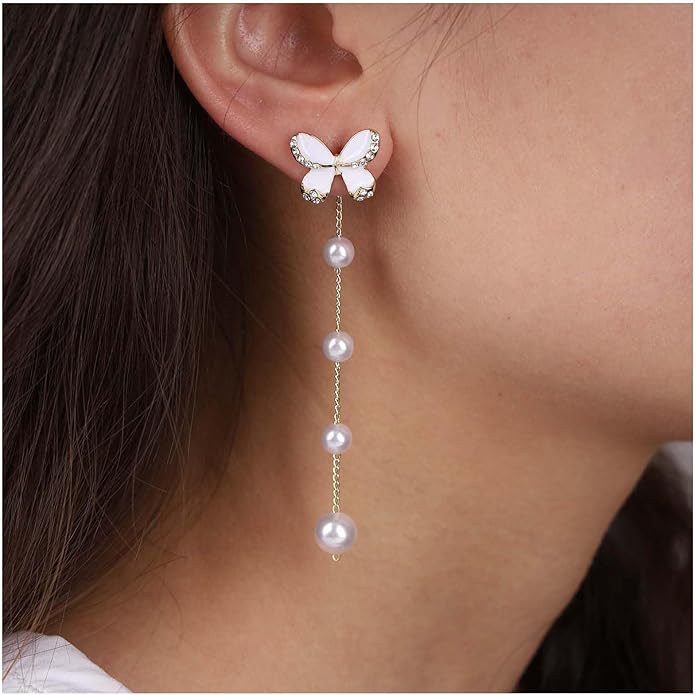 Vintage Butterfly Pearl Drop Earrings Gold Pearl Chain Earrings Long Pearl Tassel Earrings White Butterfly Stud Earrings Wedding Pearl Earrings Jewelry for Women-Velvo Beauty