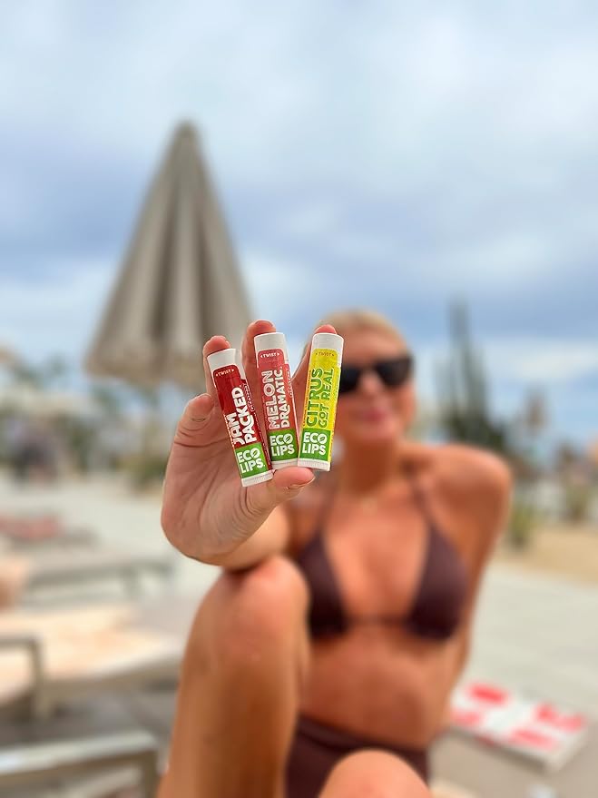 Eco Lips Freshly Squeezed Organic Fruit Lip Balms - Citrus Got Real (Lemon/Lime), Melondramatic (Watermelon), Jam Packed (Strawberry) Plastic-Free Plant Pod 6-pack by Eco Lips 100% Natural.-Velvo Beauty
