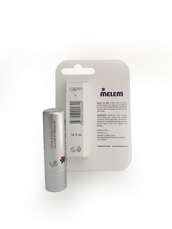Melem Lip Balm with Lanolin, Moisturizing, Long Lasting, for Dry, Cracked and Chapped Lips in Silver Stick (.16 ounces)-Velvo Beauty