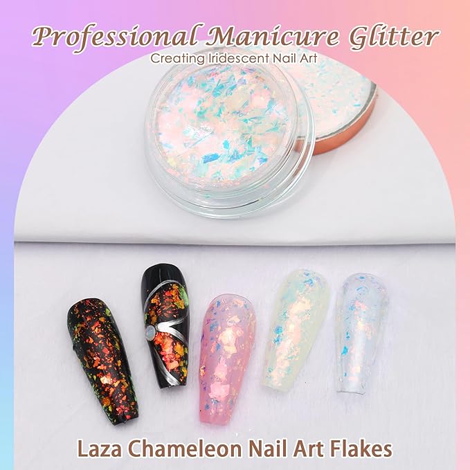 Laza Golden Fall Chameleon Flakes Nail Glitter Irregular Opal Nail Foil Flakes Chunky Confetti Color-Shift Sequins Iridescent Fairy Dust for Mermaid Nails Design, Nail Decorations for Nail Art-Velvo Beauty