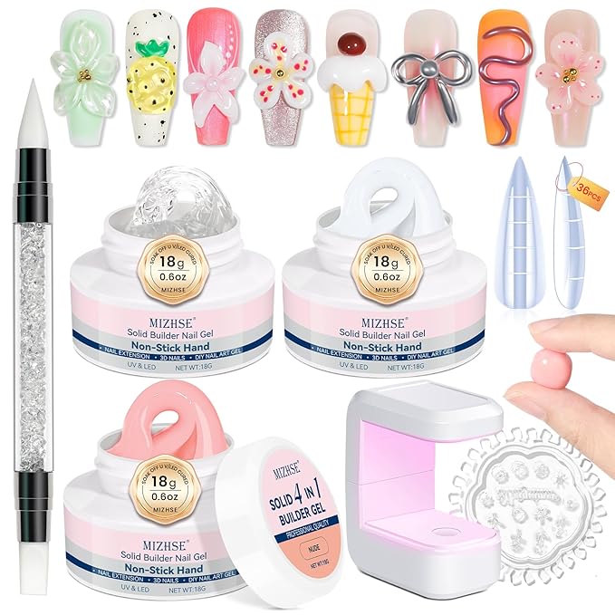 MIZHSE Solid Builder Gel Nail Kit with Nail Lamp, 3 Colors Builder Gel Clear Milky White Nude Hard Sculpting 3D Art U V LED Gels with Dual Form-Velvo Beauty