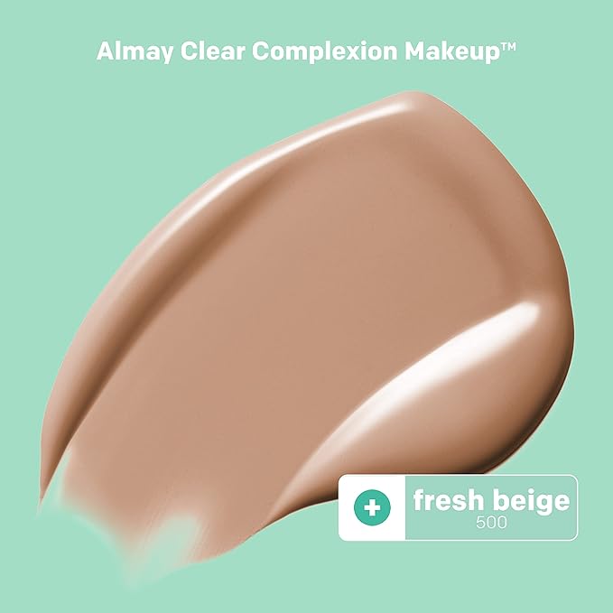Almay Clear Complexion Acne Foundation Makeup with Salicylic Acid - Lightweight, Medium Coverage, Hypoallergenic, Fragrance-Free, for Sensitive Skin, 500 Fresh Beige, 1 fl oz.-Velvo Beauty