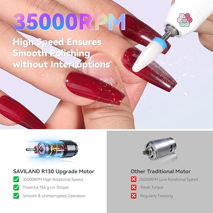 SAVILAND Advanced Cordless Electric Nail Drill: 10S Fast Removal 35000 RPM High Speed Nail File Kit for Acrylic Nail Tool Professional Rainbow Light LED Display Pro Manicure Kit Salon Travel Nail Tech-Velvo Beauty