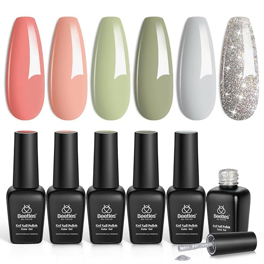 beetles Gel Polish Set 6 Colors Glitter Nude Coral Green Light Blue Gel Nail Polish Kit Soak off Uv Nail Salon Southern Belle-Velvo Beauty
