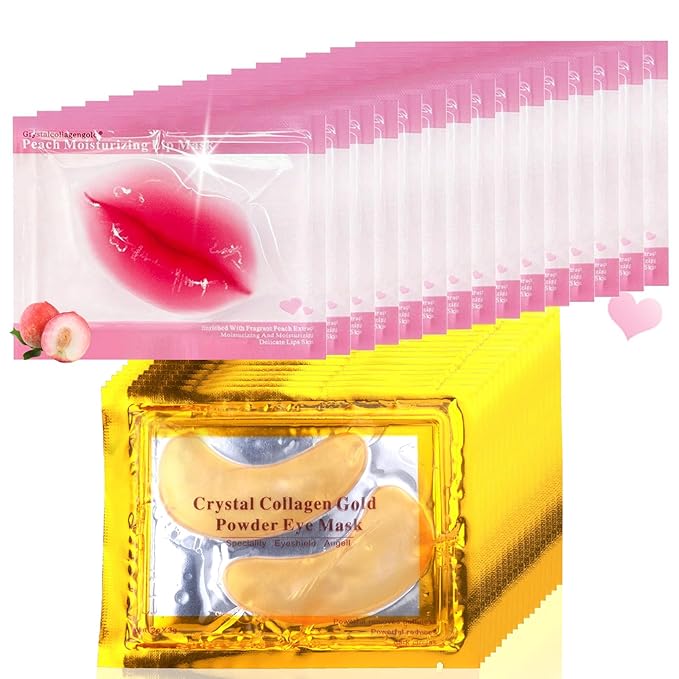 30 Pairs Lip Masks & 24K Gold Gel Eye Masks, Under Eye Collagen Patches and Crystal Gel Lip Masks Collagen Under Eye Mask for Dark Circles Puffiness and Wrinkles-Velvo Beauty