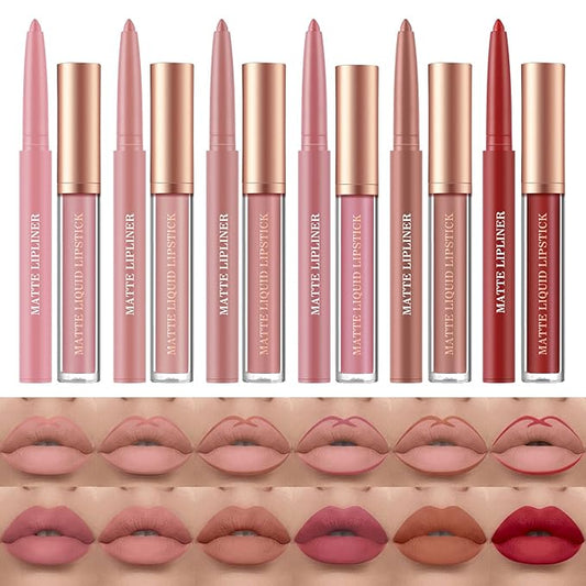 BestLand 12Pcs Matte Liquid Lipstick + Lip Liner Pens Set, One Step Lips Makeup Sets Pigment Velvety Nude Lip Stain Waterproof Long Wear Lip Gloss Make up Gift Set (Set C)-Velvo Beauty