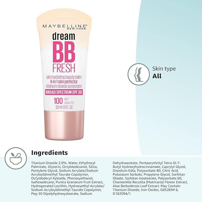 Maybelline Dream Fresh Skin Hydrating BB cream, 8-in-1 Skin Perfecting Beauty Balm with Broad Spectrum SPF 30, Sheer Tint Coverage, Oil-Free, Light, 1 Fl Oz-Velvo Beauty