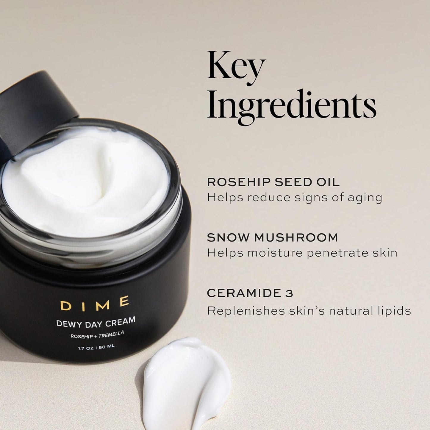 Dime Beauty Dewy Day Cream, Morning Face Moisturizer with Rosehip Oil and Tremella Snow Mushroom, 1.7 oz / 50 ml-Velvo Beauty