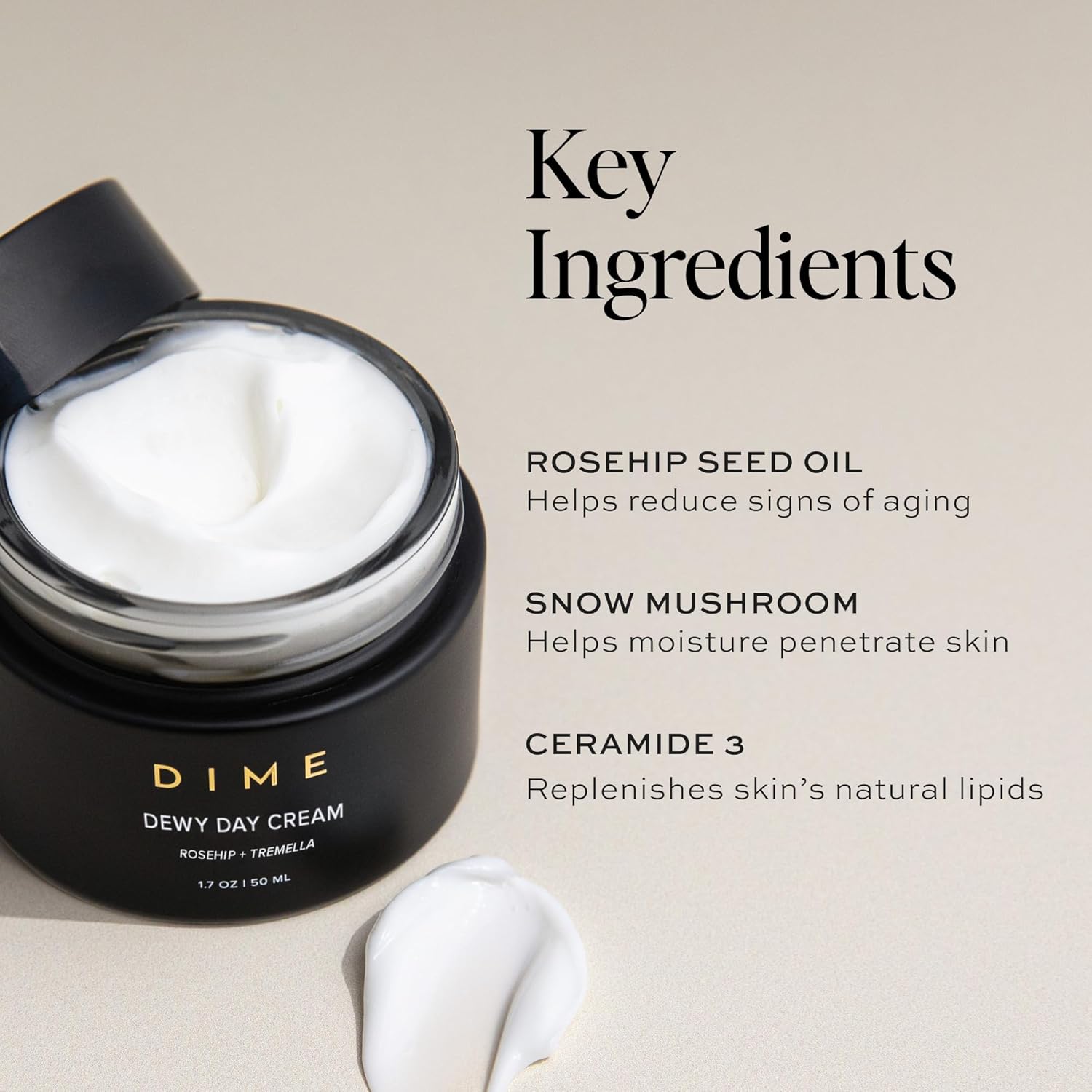 Dime Beauty Dewy Day Cream, Morning Face Moisturizer with Rosehip Oil and Tremella Snow Mushroom, 1.7 oz / 50 ml-Velvo Beauty
