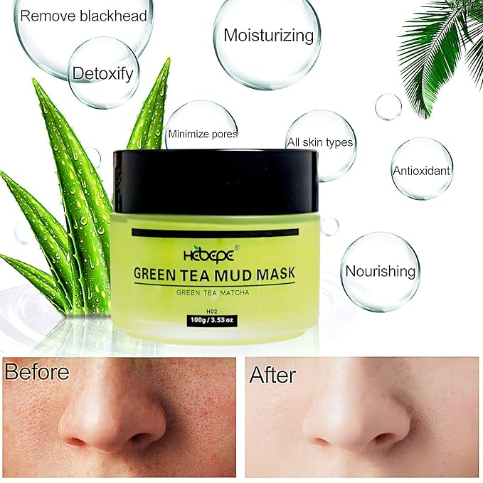 Green Tea Matcha Facial Detox Mud Mask with Aloe Vera, Deep Cleaning, Hydrating, Detoxing, Healing, and Relaxing Volcanic Clay Facial Mask-Velvo Beauty