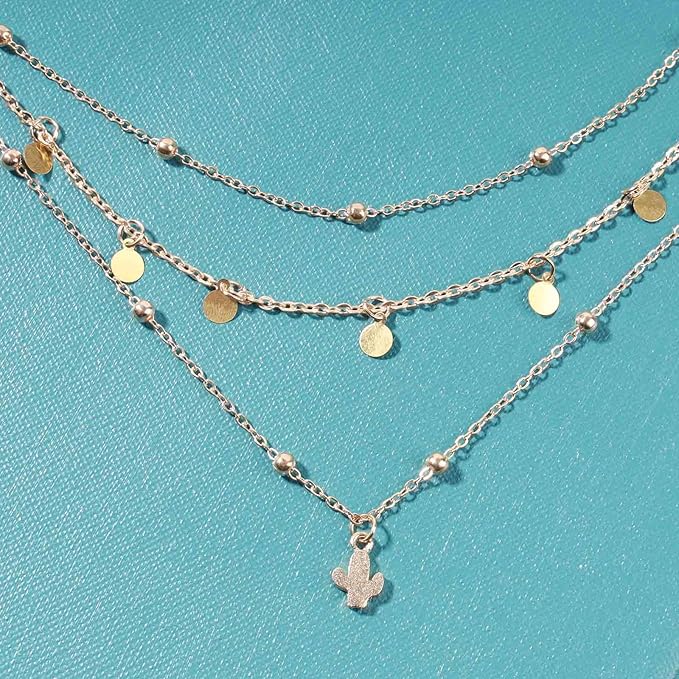 Boho Layered Disc Coin Necklace Choker Gold Cactus Pendant Necklace Stacking Satellite Chain Necklace Vintage Multilayer Necklace Chain Jewelry for Women and Girls Gifts-Velvo Beauty