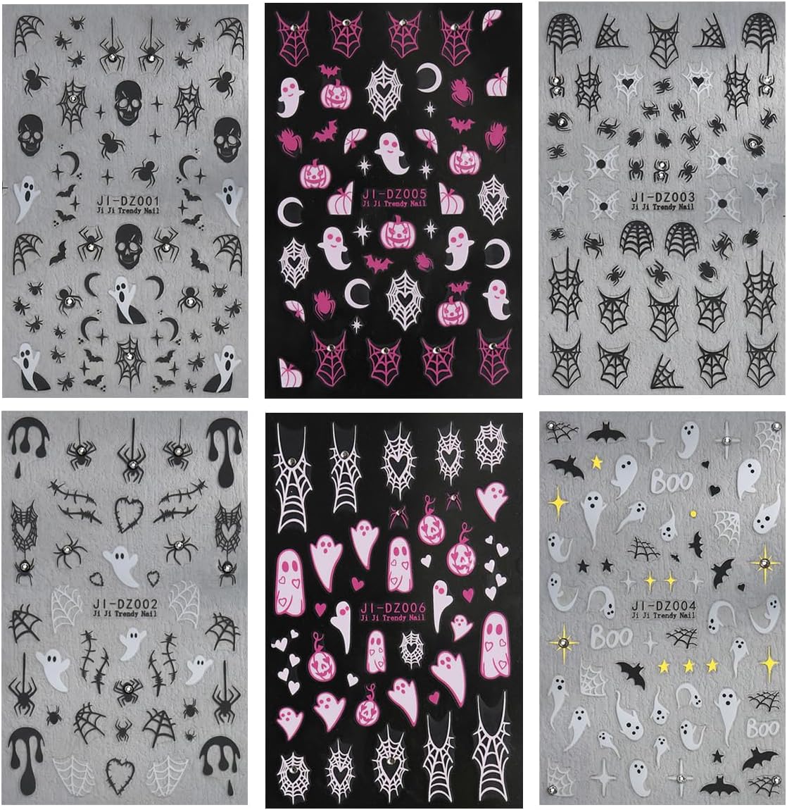 6Sheets Halloween Nail Stickers for Nail Art,3D Self-Adhesive Cute Ghost Spider Web Nail Decals with Rhinestones Design,Pink Pumpkin Spiders Skull Nail Art Stickers for Women Girls DIY Nail Decoration-Velvo Beauty