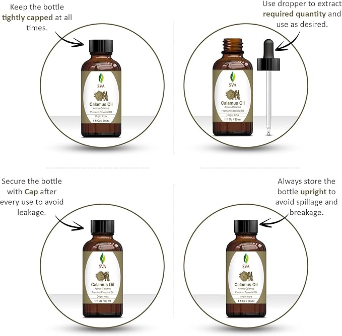 SVA Calamus Essential Oil – 1 Fl Oz – 100% Natural Calamus Oil - for Diffuser, Hair Care, Face, Skin Care, Aromatherapy, Scalp and Body Massage, Soap and Candle Making – with Dropper-Velvo Beauty