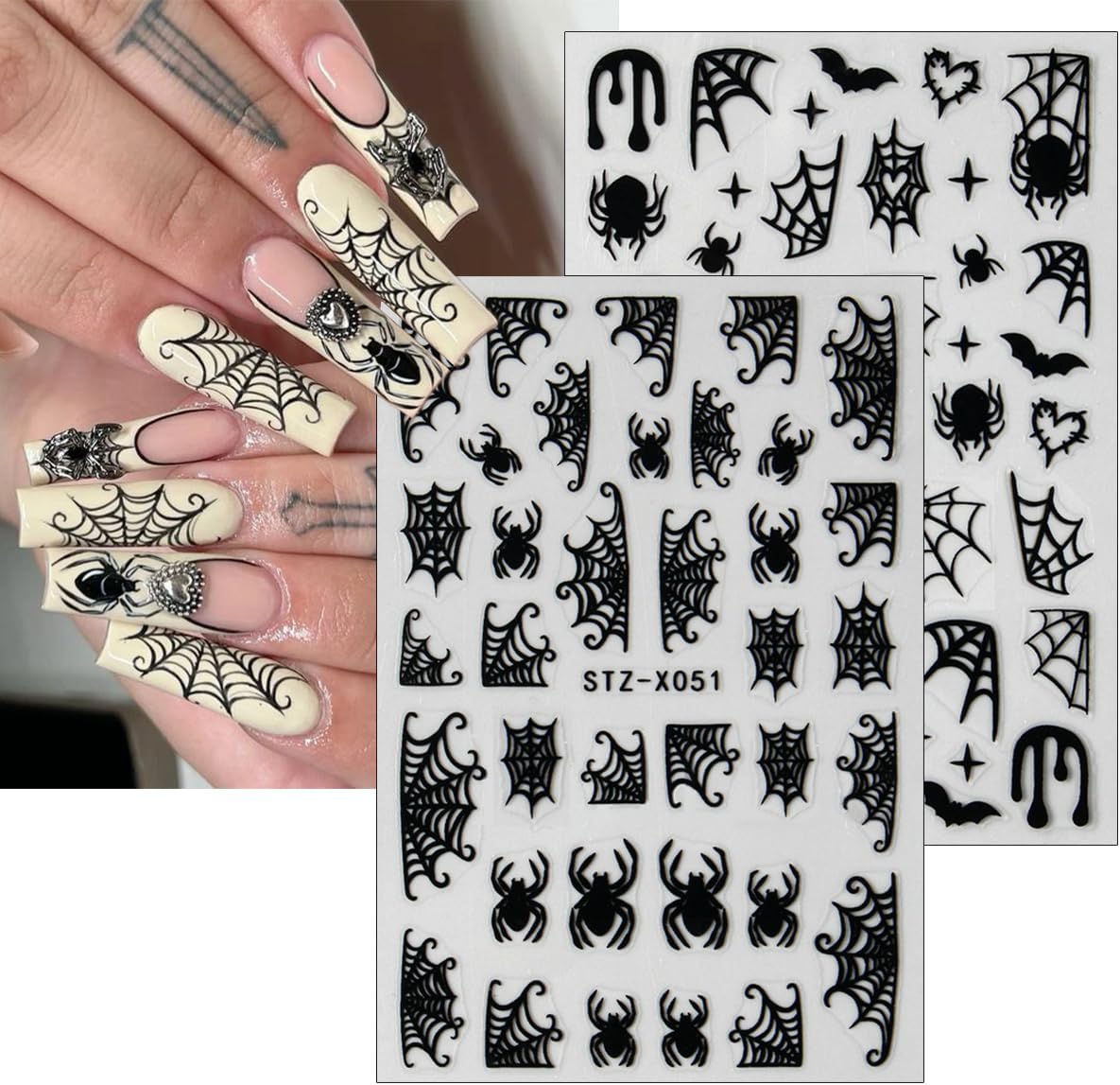 8Sheets Halloween Nail Art Stickers Spider Web Nail Stickers for Nail Art 3D Self-Adhesive Nail Decals Gold Silver Black White Glitter Spiderweb Bat Spiders Nail Design Halloween Manicure Accessories-Velvo Beauty