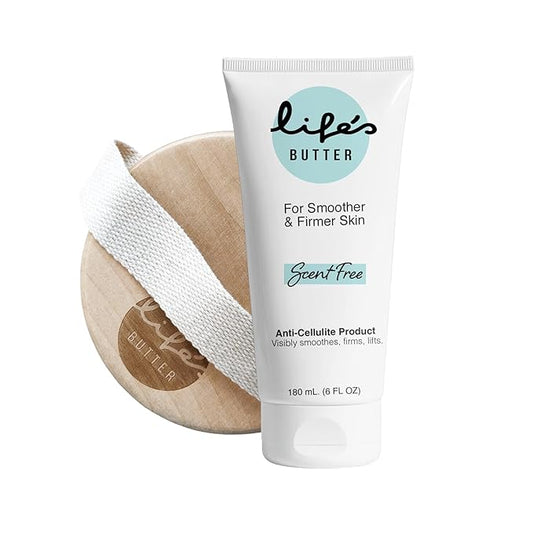 Life's Butter Anti-Cellulite Cream with L-Carnitine, Coenzyme Q10 | Skin Smoothening Natural Product | Fights Cellulite and Stretch Marks | 6 fl oz (Scent-Free) + Dry Brush-Velvo Beauty